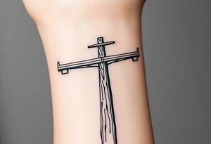 a wooden 12kv distribution pole with electrical lines. Make the pole a cross that has a hidden resemblance to god. tattoo idea