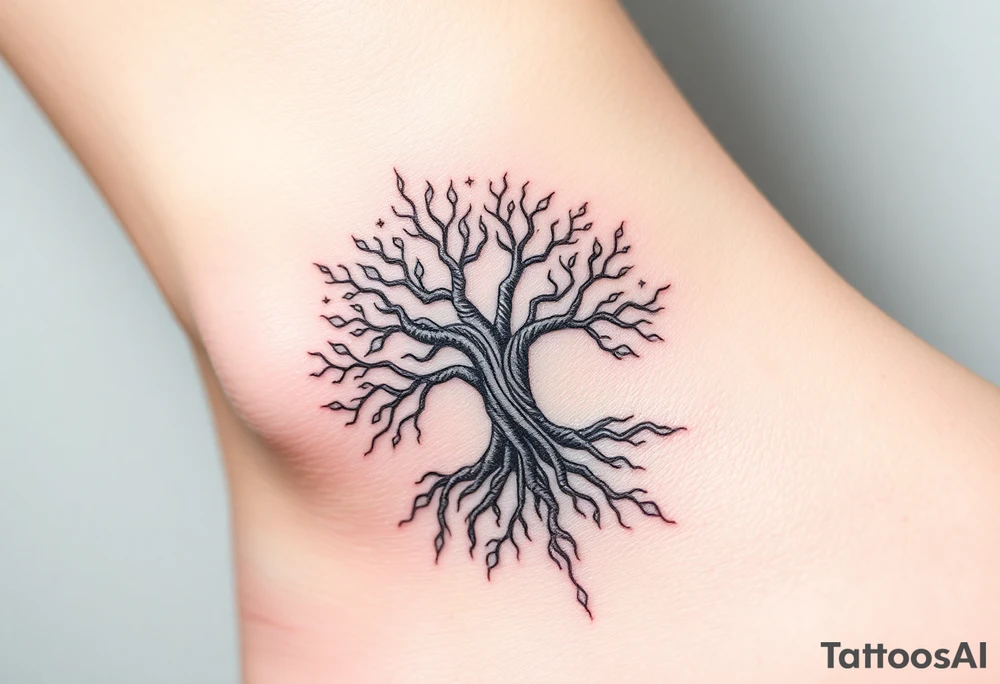 mystical tree of life with cosmic roots and celestial branches tattoo idea