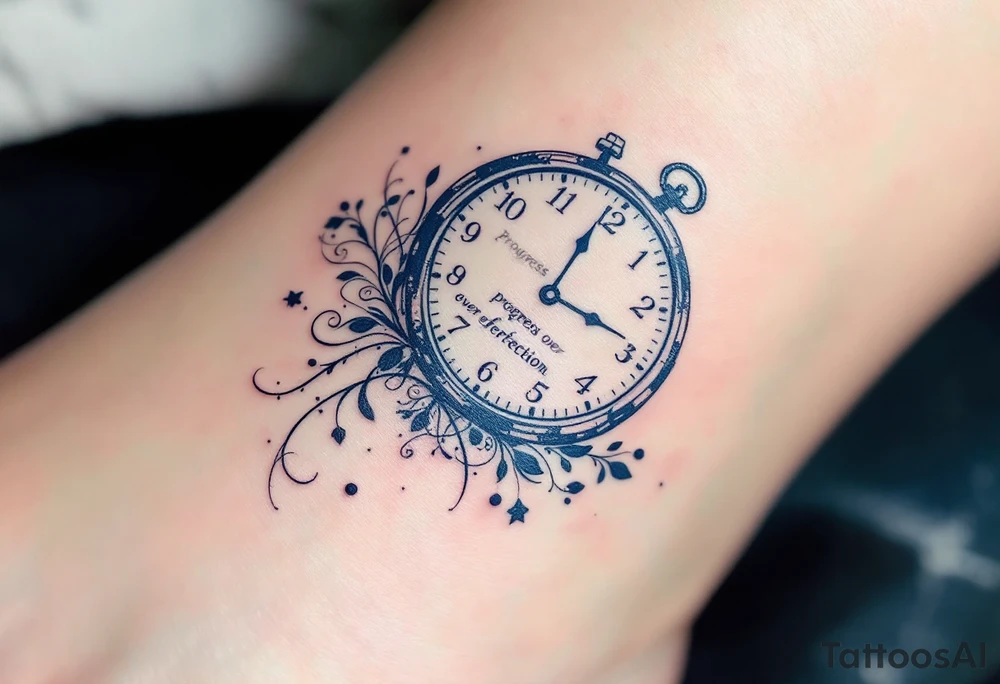 “Progress over perfection” in midnight blue, layered over a faded clock design in light gray. tattoo idea