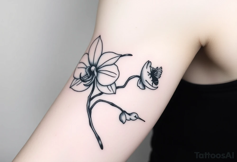 A delicate, black and white fine-line tattoo for male, featuring gracefully detailed 2 orchids in full bloom including their stems, with soft, intricate petals and elegant curves. Beside it, a hummingbird hovers mid-flight, its wings drawn with subtle motion lines, its slender beak reaching toward the orchid’s center to drink its nectar. on the other flower there is a bee that is resting tattoo idea