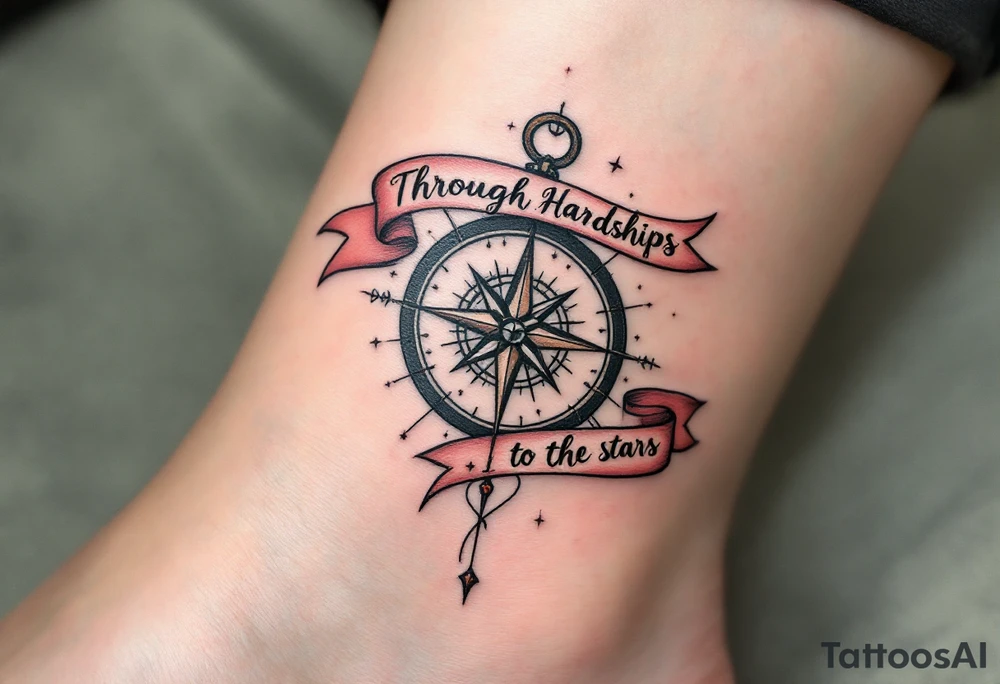 Wrapped in a crimson banner, the phrase “Through Hardships to the stars” winds around a black-inked compass rose. tattoo idea