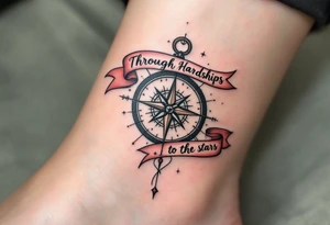 Wrapped in a crimson banner, the phrase “Through Hardships to the stars” winds around a black-inked compass rose. tattoo idea