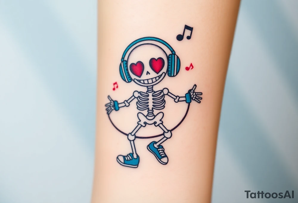 Cute smiley skeleton with heart shape eyes  jumping on a jump rope with both hands blue headphones blue armbands blue sneakers and colorful  music notes around his head tattoo idea
