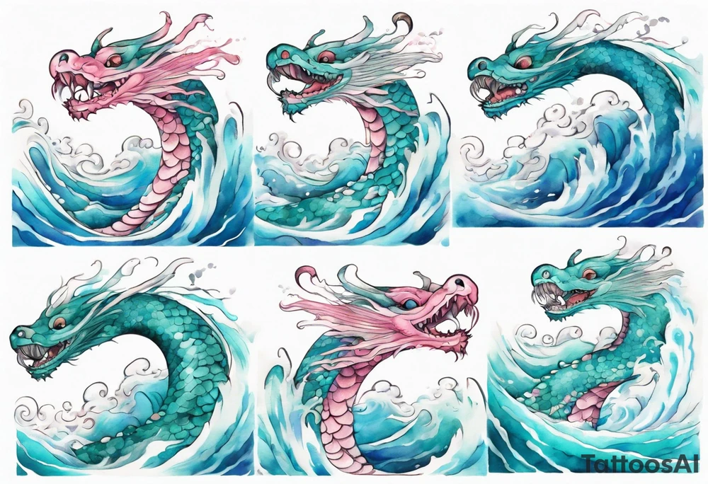 a turquoise and white and pink sea serpent with beautiful eyelashed eyes emerging from the blue waves of the ocean, smiling tattoo idea