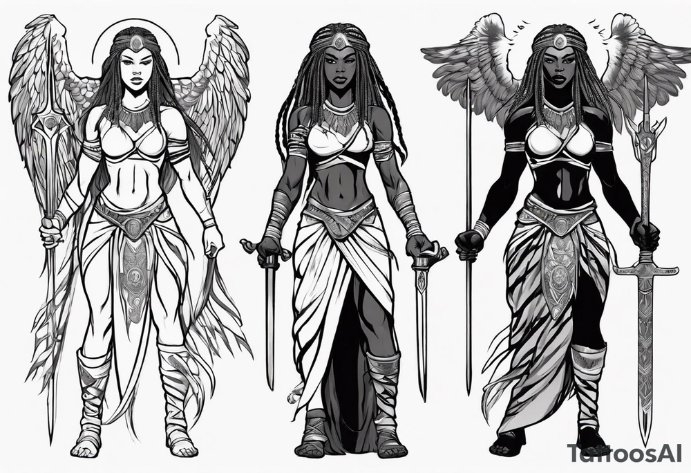 African female valkyre warrior full body angelic
slim long face long braided hair descending from heaven holding sword & shield tattoo idea