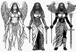 African female valkyre warrior full body angelic
slim long face long braided hair descending from heaven holding sword & shield tattoo idea