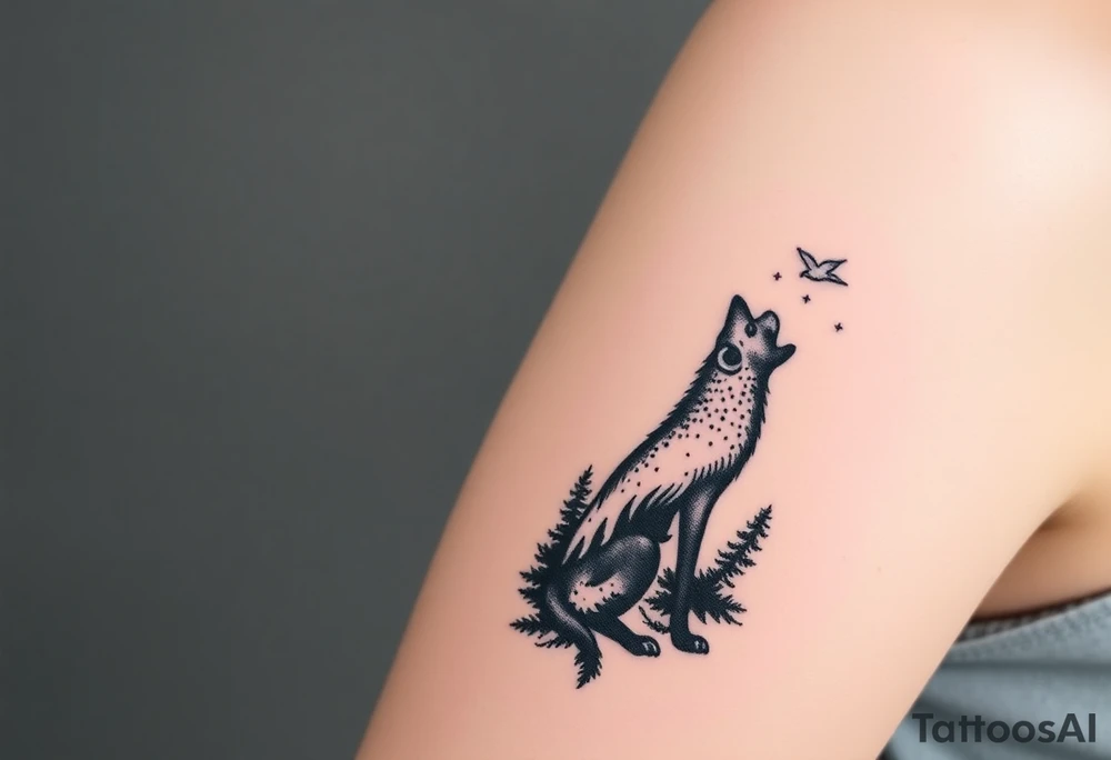 Lone wolf howling at the moon stars in the night sky in a forest with a little dove in the sky tattoo idea