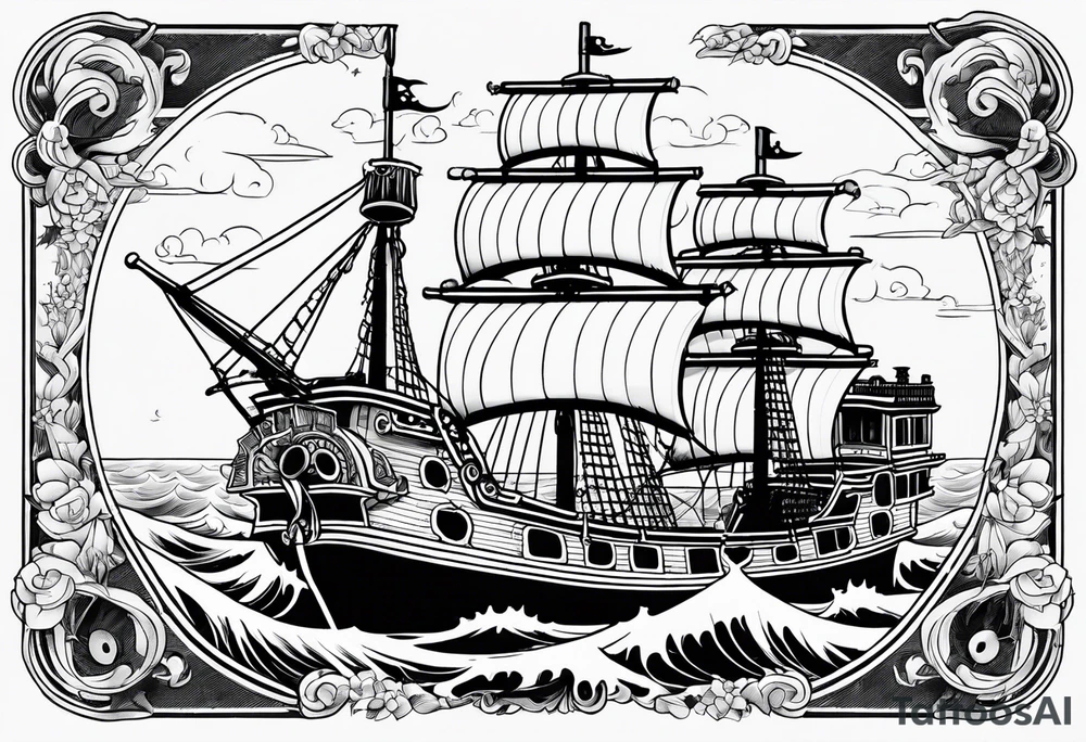 ONE PIECE SHIP THOUSAND SUNNY WITH STRAWHATS CREW tattoo idea