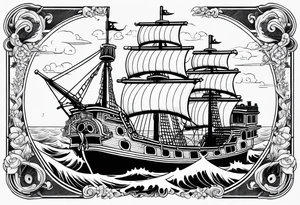 ONE PIECE SHIP THOUSAND SUNNY WITH STRAWHATS CREW tattoo idea