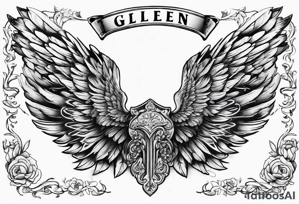 The word Glenn on a banner with angel Wings tattoo idea