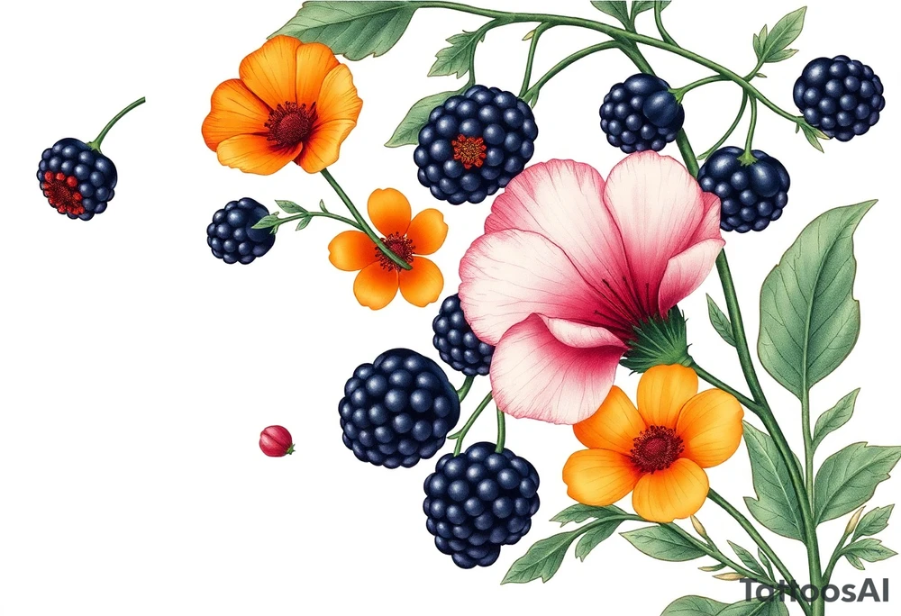 California wildflowers, poppies, and orange and orange blossoms. Blackberries plant/flower. tattoo idea
