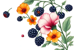 California wildflowers, poppies, and orange and orange blossoms. Blackberries plant/flower. tattoo idea