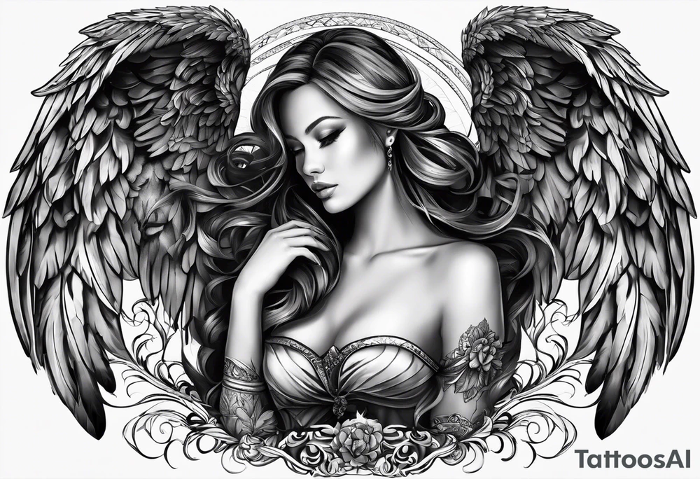 The names Leonie & Yvette with angel wings behind tattoo idea The names Leonie & Yvette with angel wings behind tattoo idea