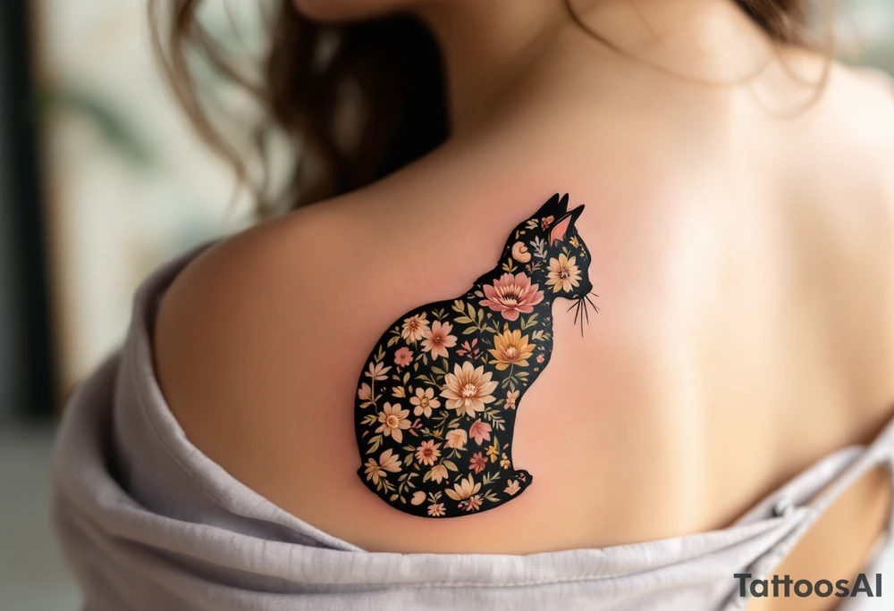 Floral Cat Silhouette – A dark brown silhouette filled with intricate floral patterns placed on shoulder blade soft colors like rose, olive green, and beige. tattoo idea
