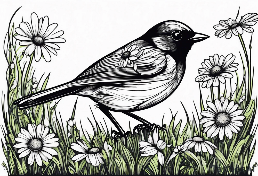 Little bird perched on grass with a daisy tattoo idea