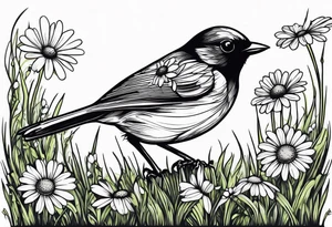 Little bird perched on grass with a daisy tattoo idea