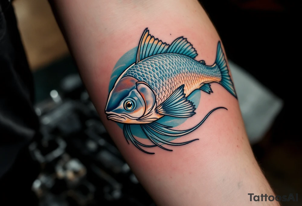 Catfish in Motion – A sleek, dynamic catfish swimming in an S-curve, with silvery-blue scales, accented by soft teal fins and rippled water lines in the background. tattoo idea