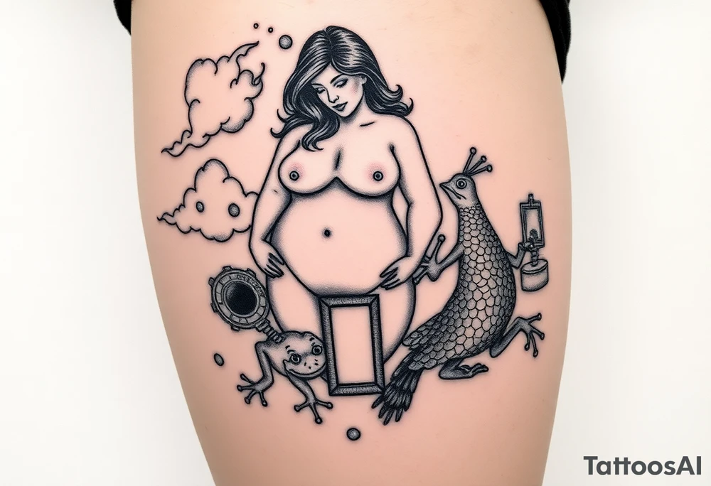 Storm clouds with a fat naked woman and drugs and money  and coins and mirror and sexy naked couple lustful having sex with pig and peacock frog tattoo idea