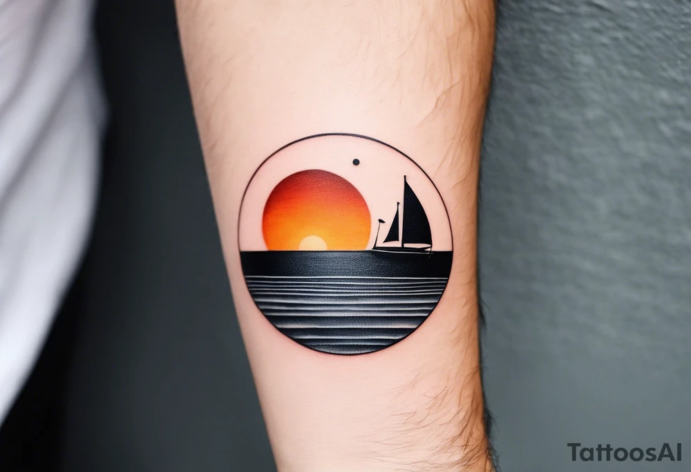 This is an extremely simple and minimalistic tattoo on male forearm. It has no color. The tattoo is flipped 180 degrees and covers the forearm lengthwise and is not tall and not round. From the perspective of being on the ocean, Water is calm, with no waves in sight, the sun is setting behind the ocean, reflecting light onto the ocean. tattoo idea