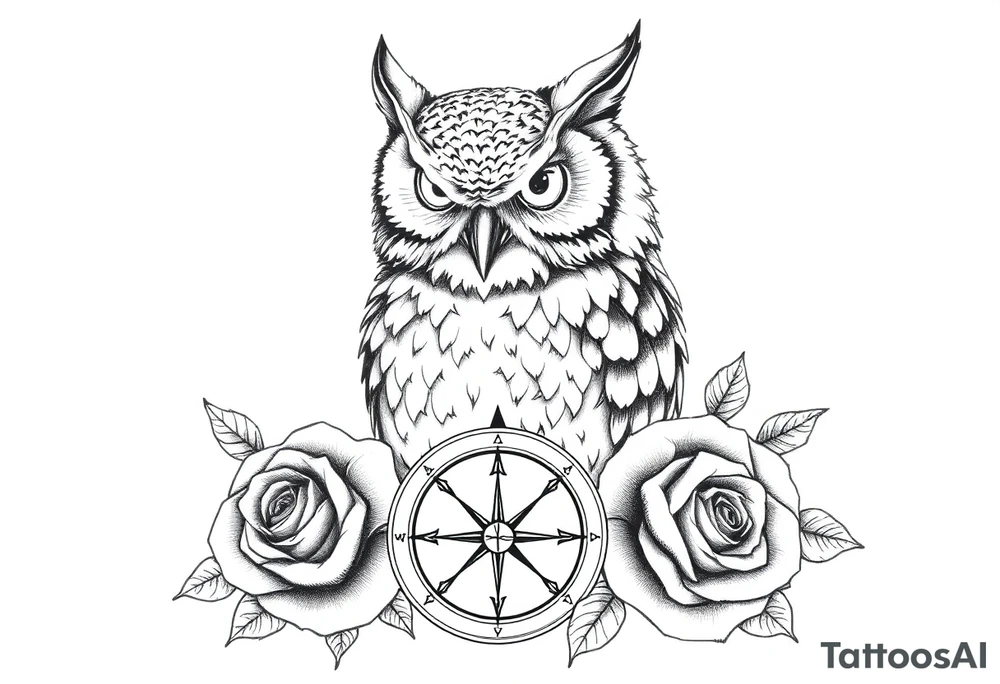 an owl,compass,roses, tattoo idea