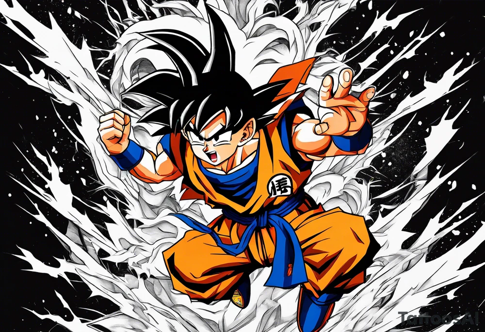 paint son goku as a super saiyajin 2, doing a kamehameha. sourround him by his friends and his family. all of them are displayed as a papercut tattoo idea
