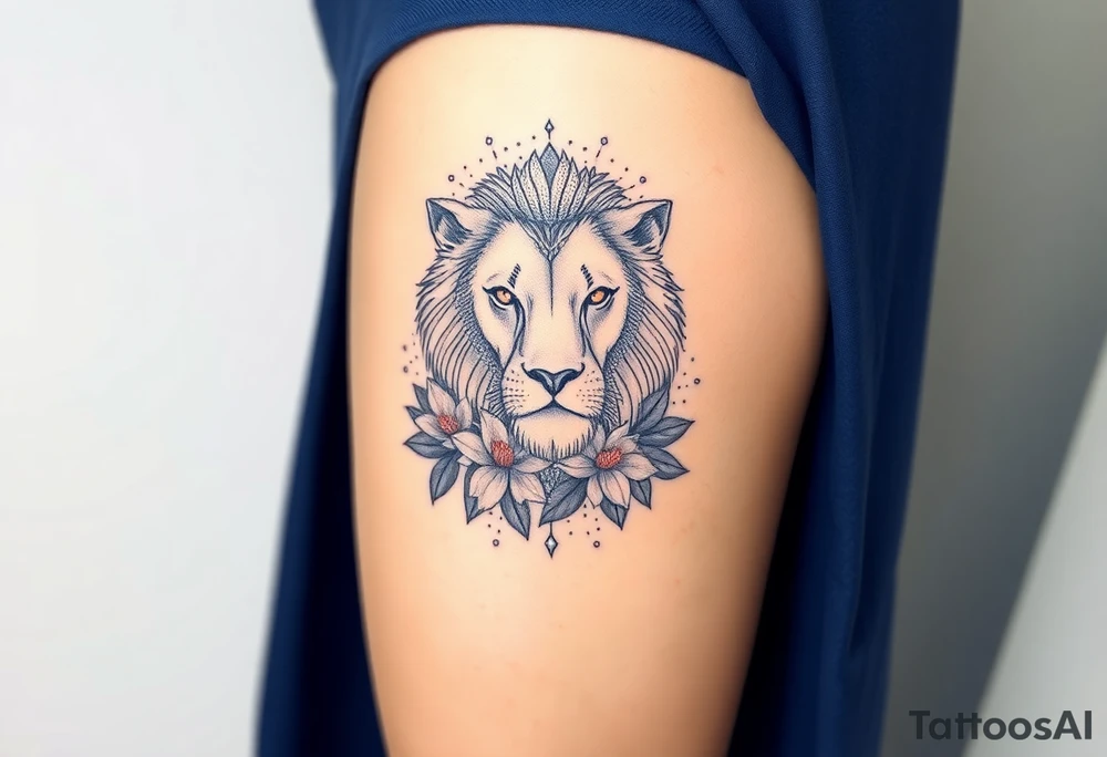 Lion with larkspur and water lilies tattoo idea