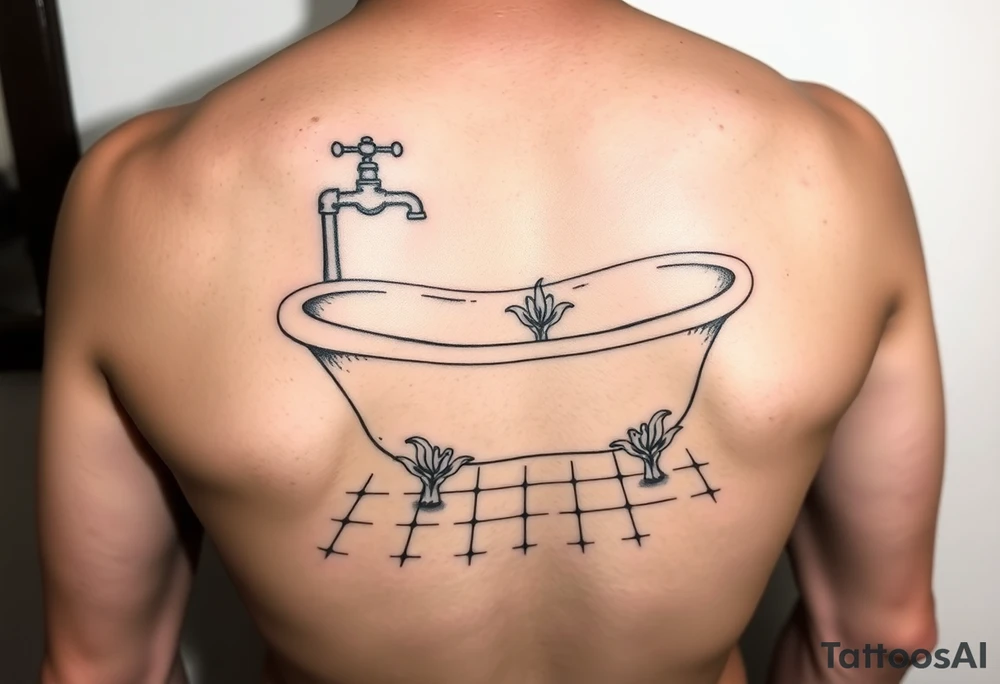 clawfoot bathtub with simple faucet and lily coming up out of the tile floor tattoo idea