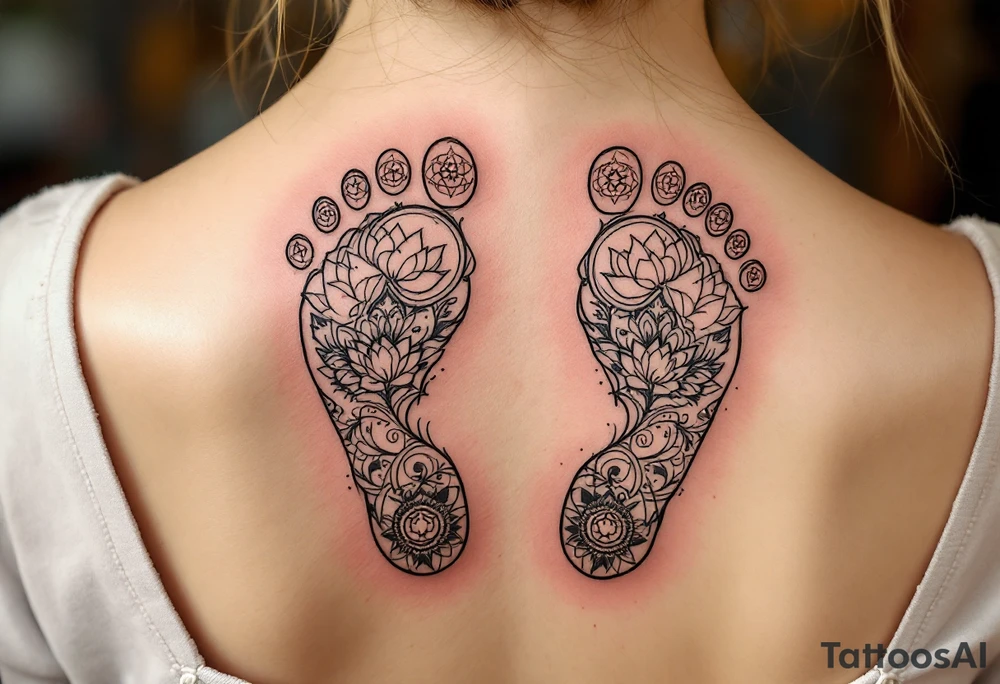 Footprints of the Buddha – Two footprints with sacred markings like dharma wheels or lotus flowers inside them. tattoo idea