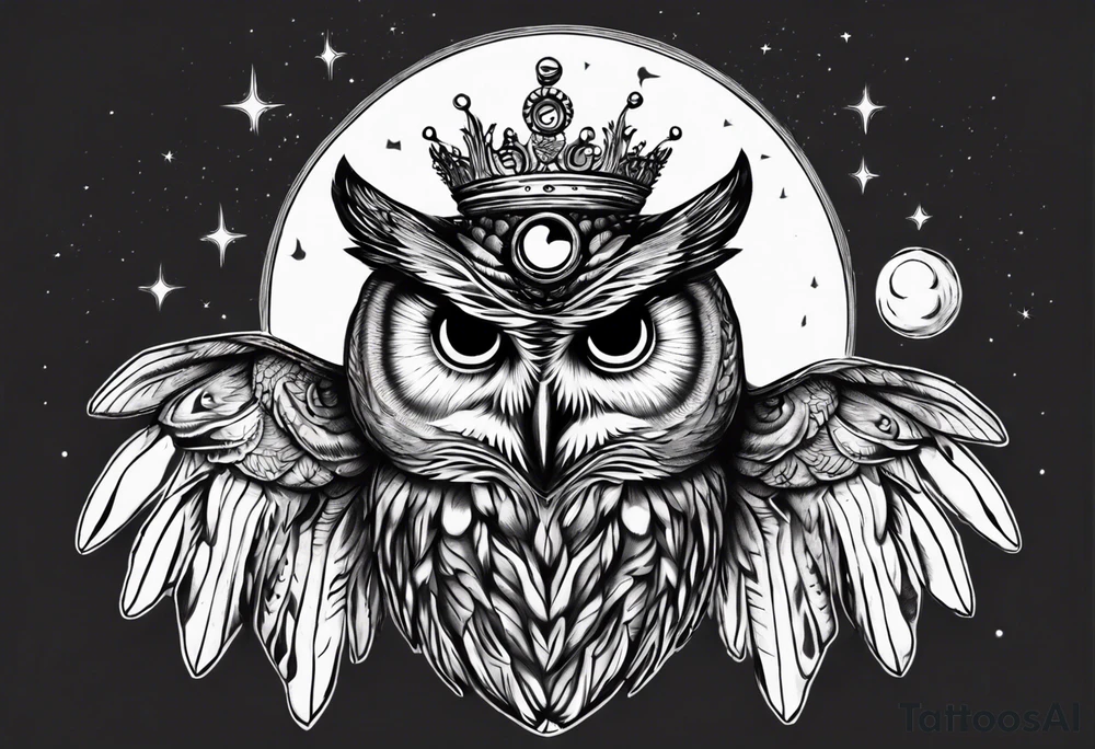 Wise Crowned Owl with the third eye flying towards the Dark Moon. tattoo idea