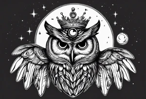 Wise Crowned Owl with the third eye flying towards the Dark Moon. tattoo idea