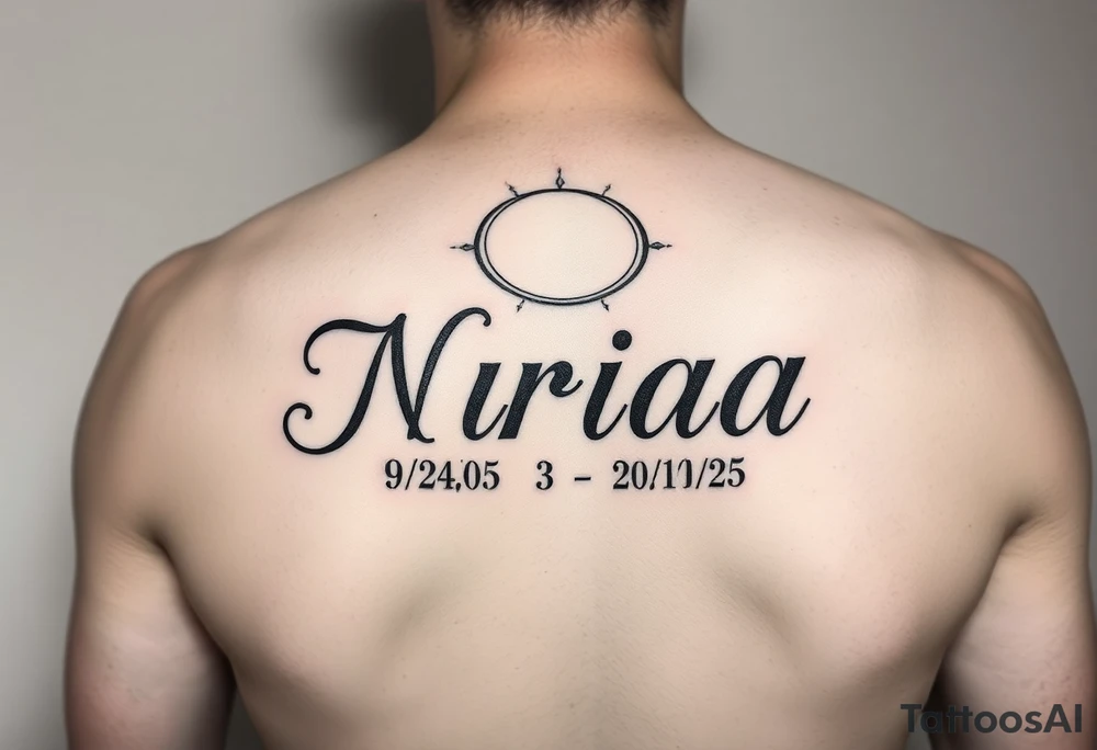 Love one tattoo with the name nriaa 9/24/05 death date 2/10/25 black lining, less shade in including a halo tattoo idea