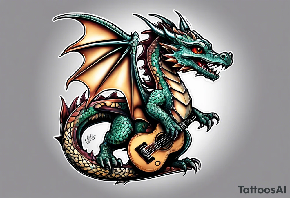 baby dragon with guitar tattoo idea