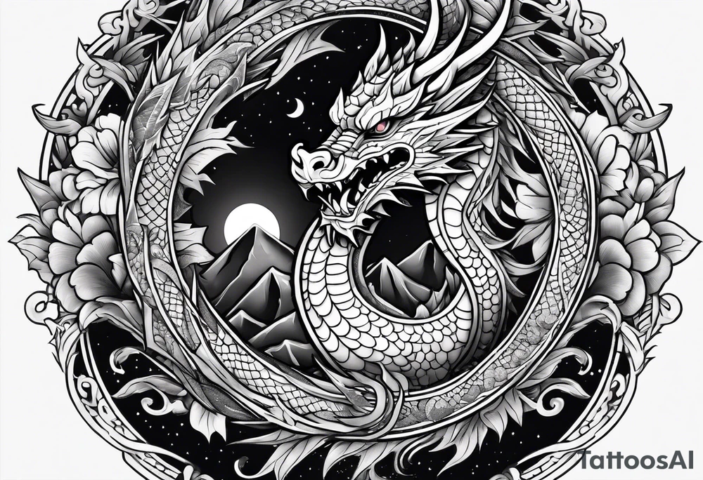 Dragon Seven number shape with full Moon in background tattoo idea