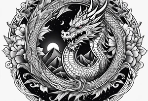Dragon Seven number shape with full Moon in  background tattoo idea