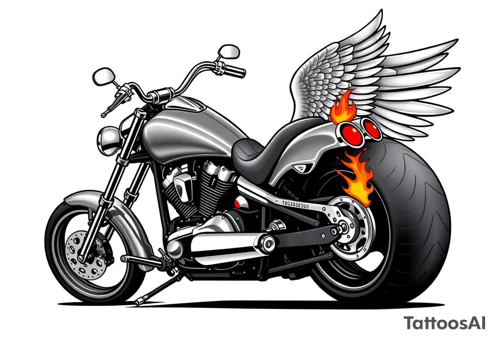 Low rider grey motorcycle, big muffler pipes with flames, angel wings, driving away, no person tattoo idea