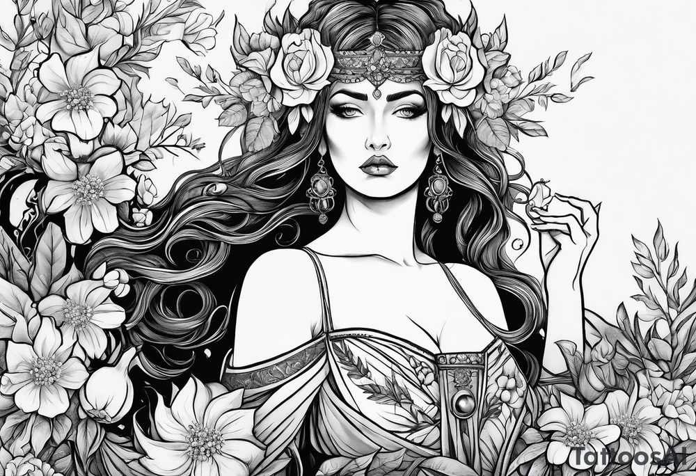 persephone goddess with a dark or gothic perspective. Include pomegranate, flowers and her being the queen of the underwood tattoo idea