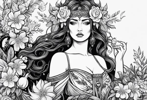persephone goddess with a dark or gothic perspective. Include pomegranate, flowers and her being the queen of the underwood tattoo idea