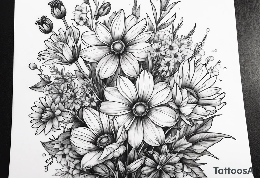 long stem wildflower bouquet tattoo idea