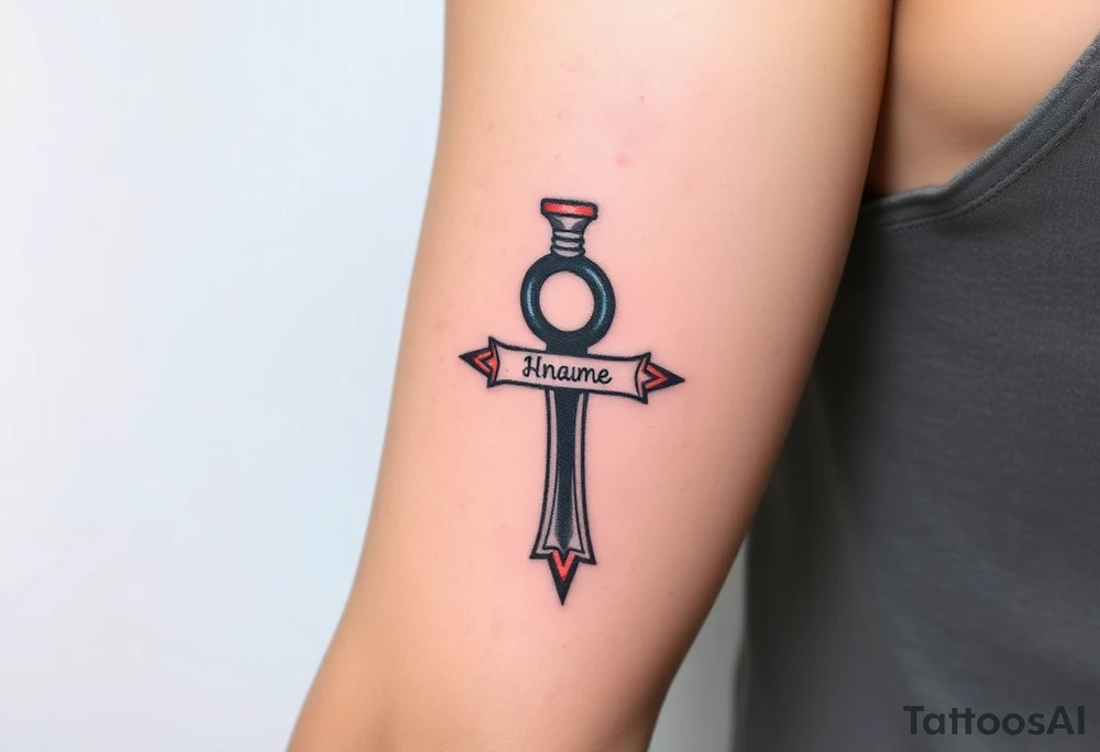 A Hand Holding an Ankh with a Name Written Inside(only red , blue and black are possible colors) tattoo idea