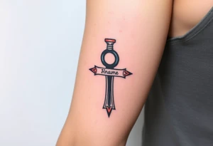 A Hand Holding an Ankh with a Name Written Inside(only red , blue and black are possible colors) tattoo idea