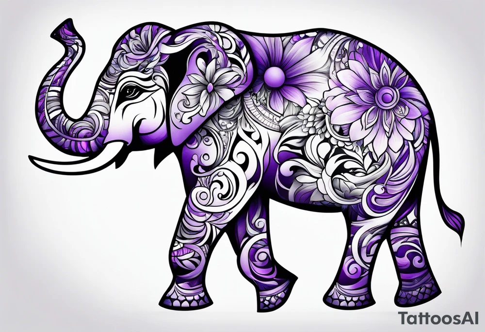 Tribal elephant surrounded by violet flowers tattoo idea