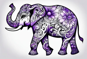 Tribal elephant surrounded by violet flowers tattoo idea