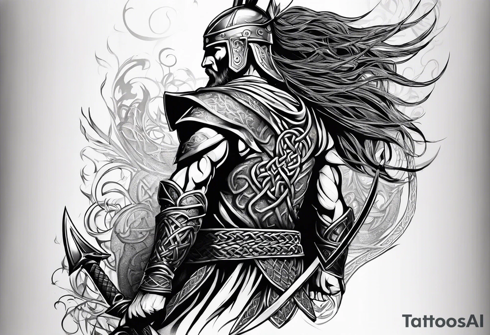 Full body side profile of Celtic warrior with weapons unsheathed tattoo idea