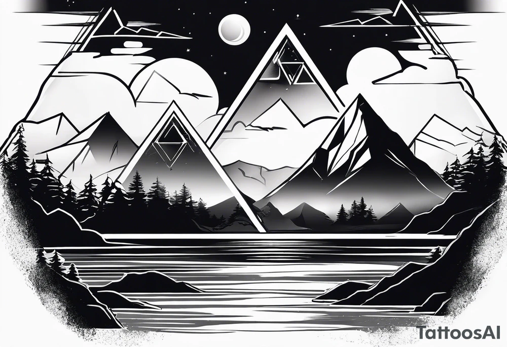 Two triangles, one triangle has the a mountain landscape during the night and the other one has beach sunset landscape. tattoo idea