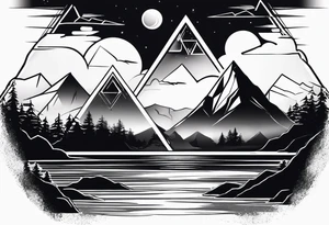 Two triangles, one triangle has the a mountain landscape during the night and the other one has beach sunset landscape. tattoo idea