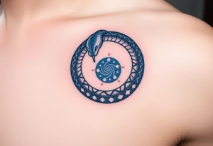 A blue and silver Ouroboros snake forming cyrcle, with cosmic patterns resembling a swirling galaxy within its body. tattoo idea