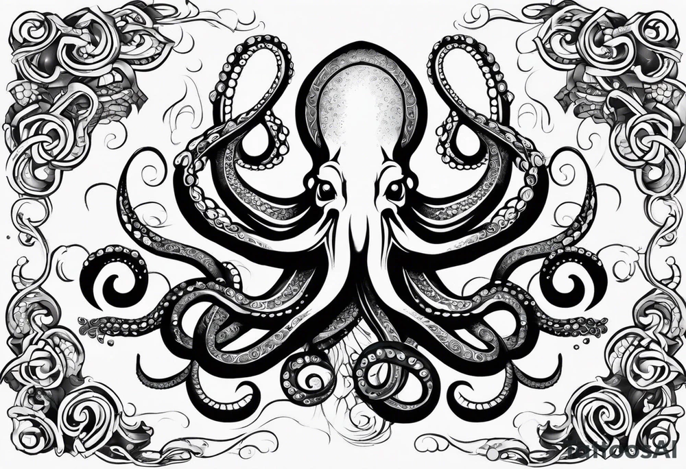 Tribal half sleeve. octopus surrounded by ribbons of water waves filled with fish. the octopus has no eyes. Use thick lines only with less detail. tattoo idea