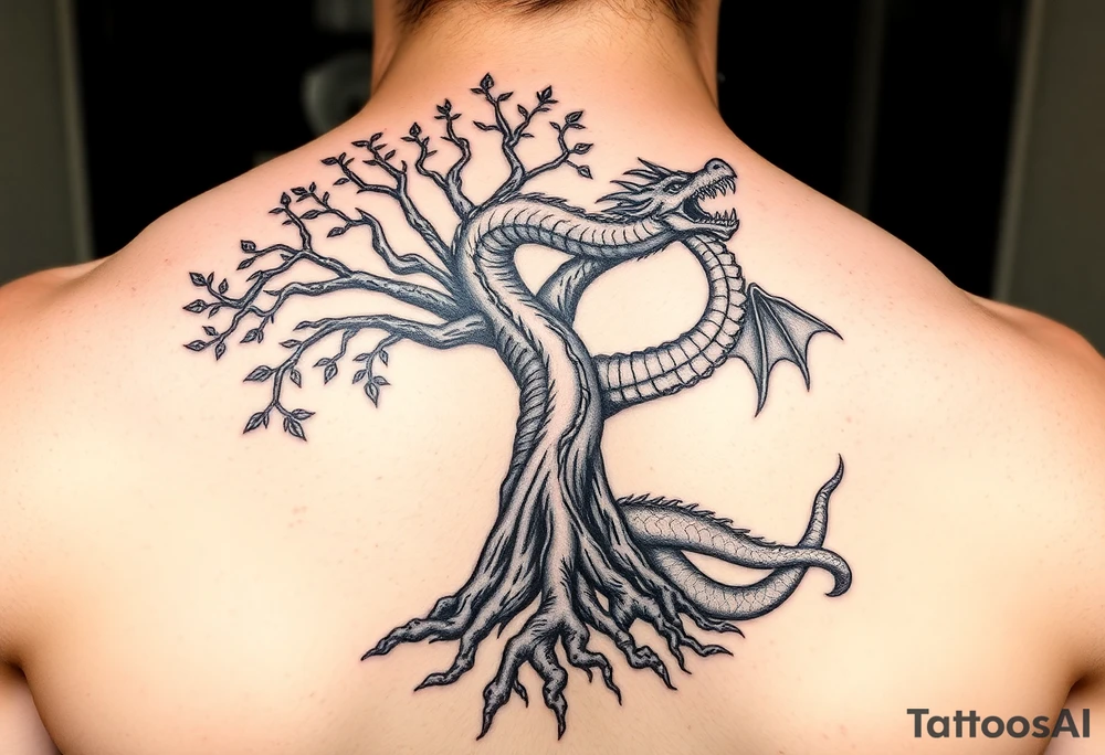 tree of life with roots absorbing a dragons tale while the dragon eats the top of the tree tattoo idea