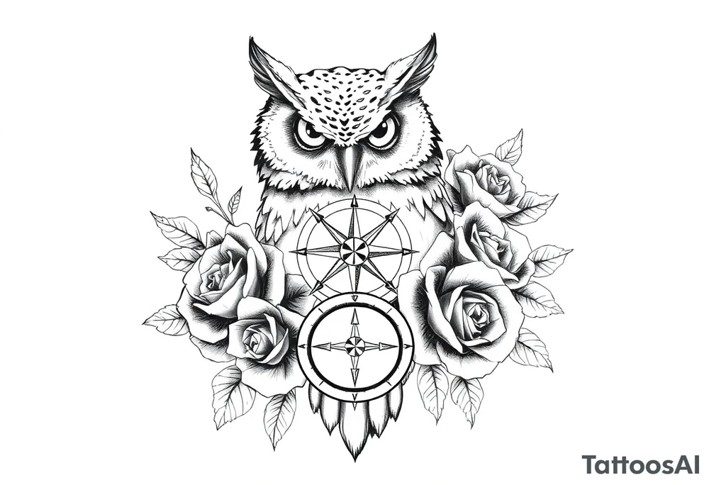 an owl,compass,roses, tattoo idea