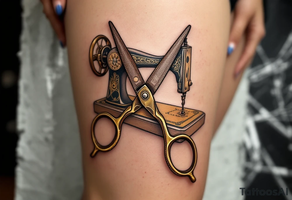 Scissors and Sewing Machine Tattoo – A pair of old-fashioned brass scissors paired with a sewing machine, shaded in earth tones like brown, tan, and gold, creating a nod to craftsmanship and sewing artistry. tattoo idea
